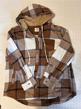 Plaid Hooded Jean Jacket in Brown and Cream